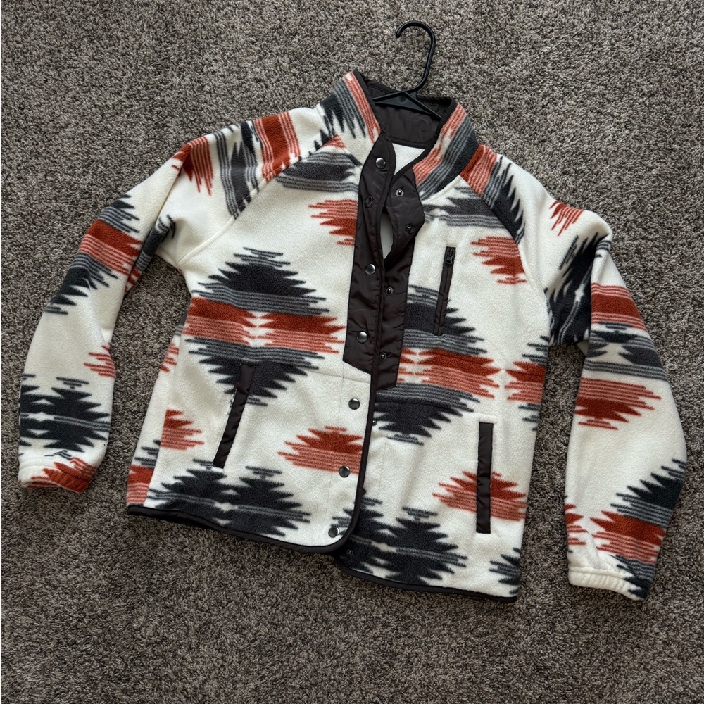 Southwestern Pattern Fleece Jacket in Cream, Rust & Charcoal